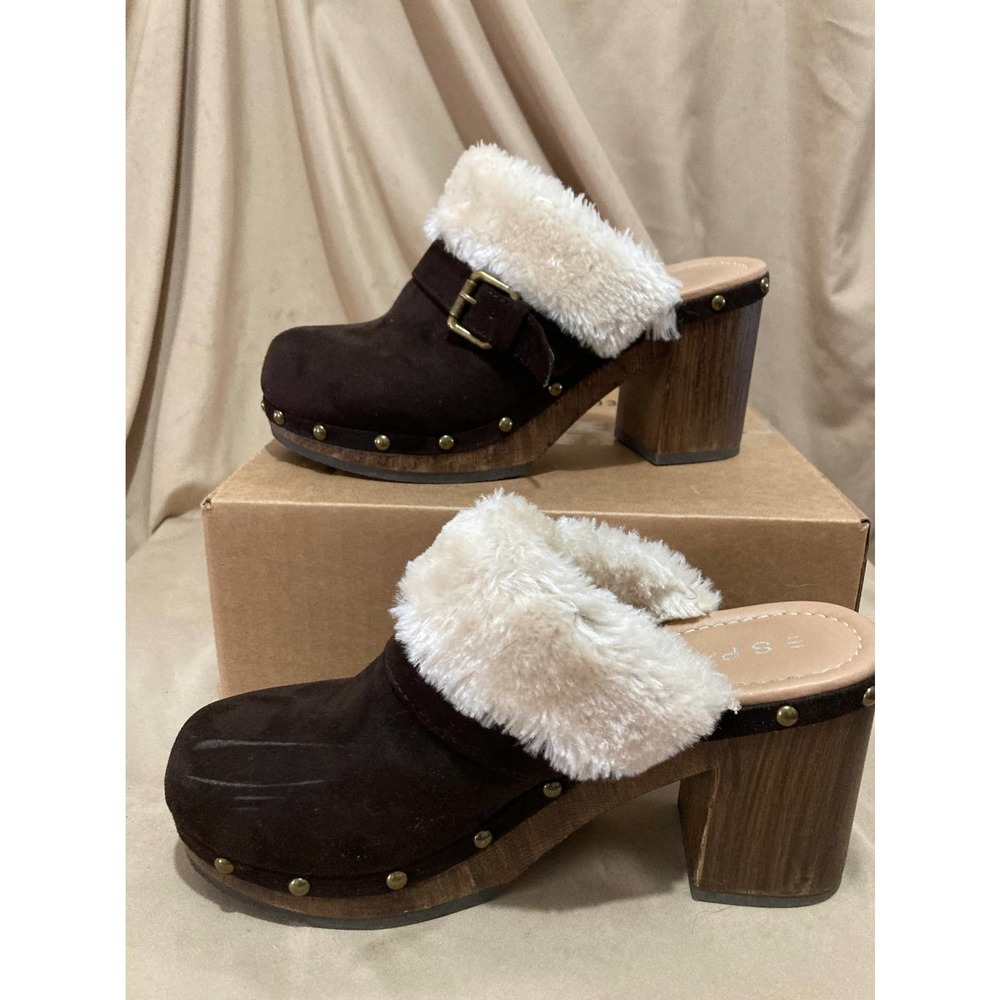 Esprit Brown Suede Slip-On Studded Platform Clogs Faux Fur Lined Size 8m